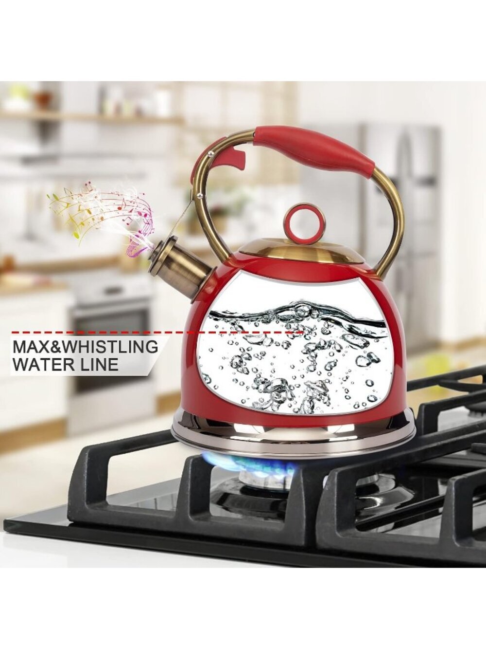 Red Whistling Stainless Steel Kitchen Tea Kettles 2.6 Quart Stovetop Induction - Picture 4 of 6